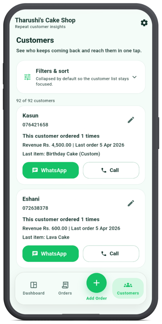 Customers screen inside the Orderly Android app
