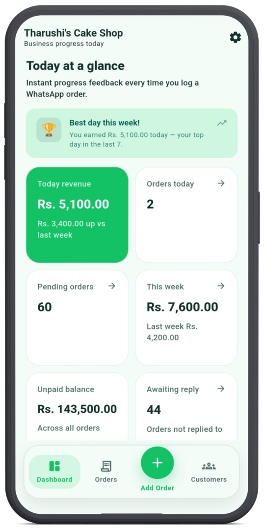 Dashboard screen inside the Orderly Android app