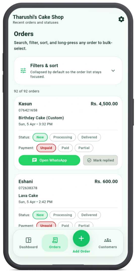 Your orders screen inside the Orderly Android app