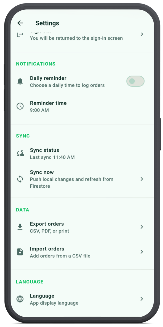 Settings screen inside the Orderly Android app